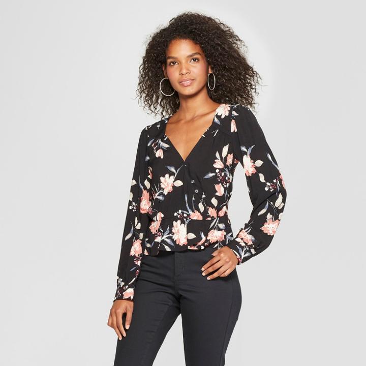 Women's Long Sleeve Floral Button Wrap Woven Top - Xhilaration Black