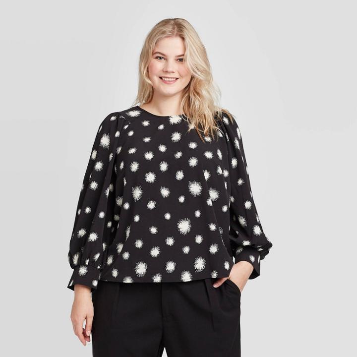 Women's Plus Size Floral Print Balloon Long Sleeve Boat Neck Blouse - Who What Wear Black 1x, Women's,