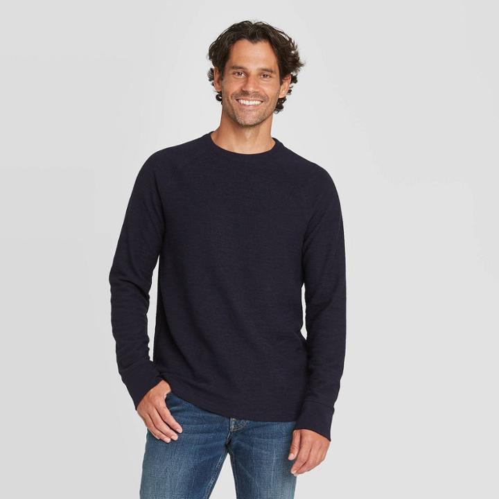 Men's Standard Fit Long Sleeve Textured Crew Neck T-shirt - Goodfellow & Co Dark Blue
