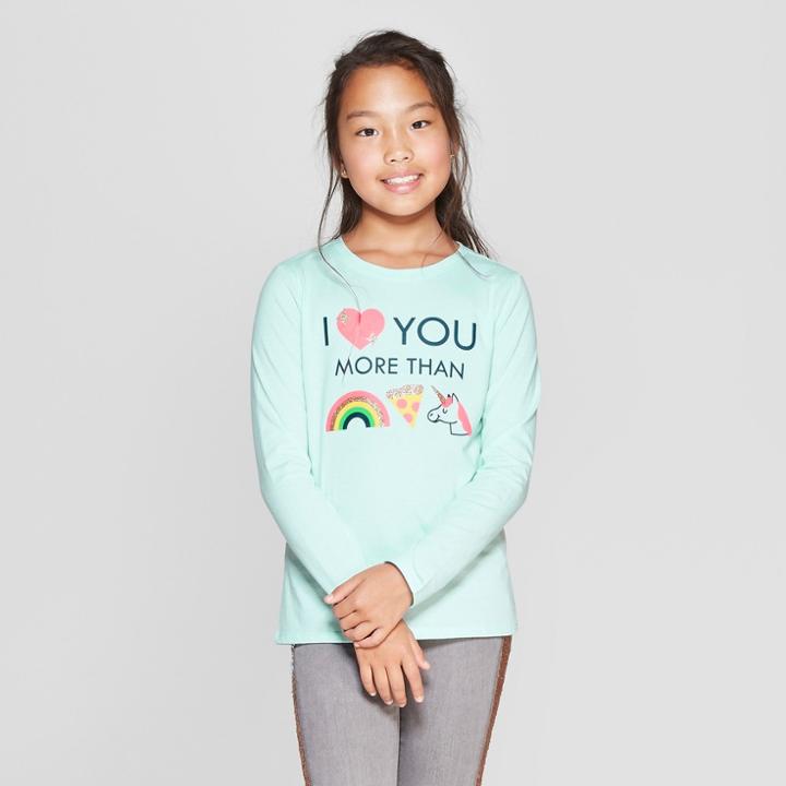 Girls' Long Sleeve Emojis Graphic T-shirt - Cat & Jack Bleached Aqua