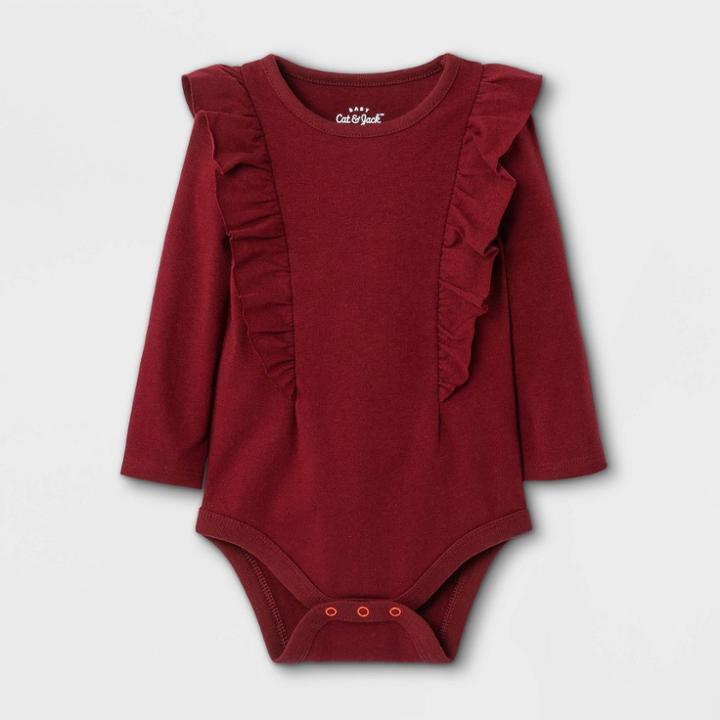 Baby Girls' Ruffle Long Sleeve Bodysuit - Cat & Jack Maroon Newborn, Red