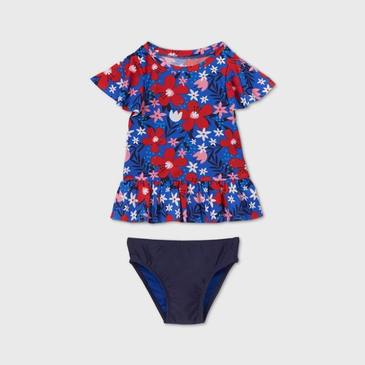Petitetoddler Girls' Floral Short Sleeve Rash Guard Set - Cat & Jack Blue/red