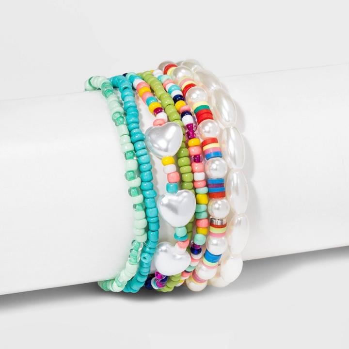 Pearl, Seed Bead And Heart Stretch Bracelet Set - Wild Fable , Women's,