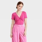 Women's Short Sleeve V-neck Linen T-shirt - A New Day Pink