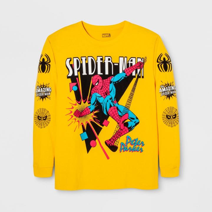 Men's Long Sleeve Marvel Spiderman Crew T-shirt - Yellow