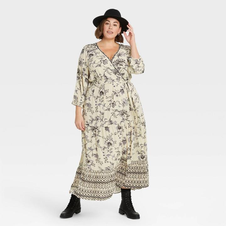 Women's Plus Size Floral Print Long Sleeve Wrap Dress - Knox Rose Black/white