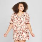 Women's Plus Size Floral Print Woven Wrap Short Sleeve Top - Ava & Viv Peach