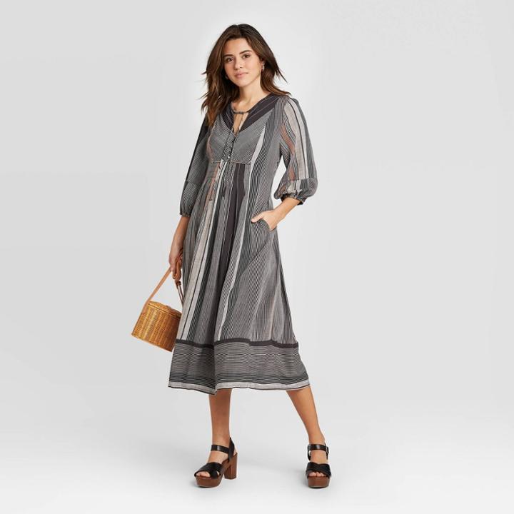 Women's Striped Long Sleeve V-neck Midi Dress - Universal Thread Gray Xs, Women's,