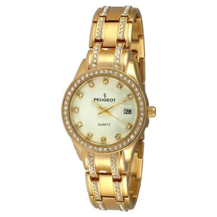 Peugeot Watches Women's Peugeot Round Crystal Bezel Date Window Watch - Gold