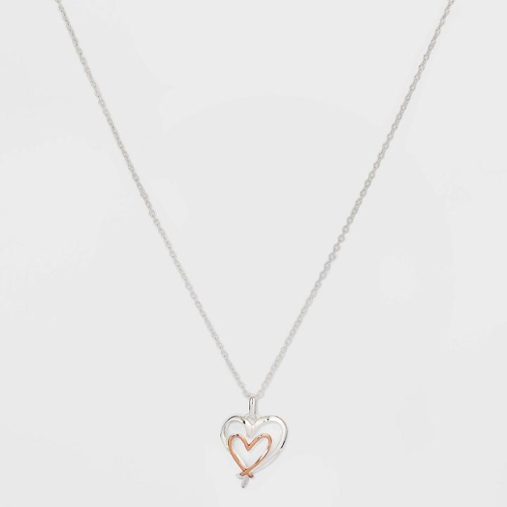 No Brand Silver Plated Cubic Zirconia Double Open Heart Two-tone Pendant Necklace -