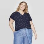 Women's Plus Size Polka Dot Tie Short Sleeve Blouse - Ava & Viv Navy