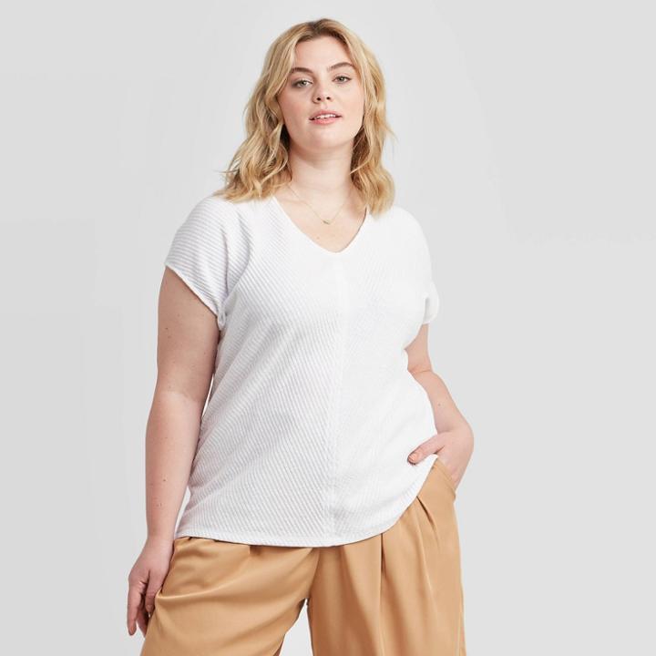 Women's Plus Size Short Sleeve V-neck Ribbed Top - Ava & Viv White X, Women's