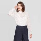 Women's Leaf Print Regular Fit Long Sleeve Turtleneck Woven Blouse - A New Day White M,