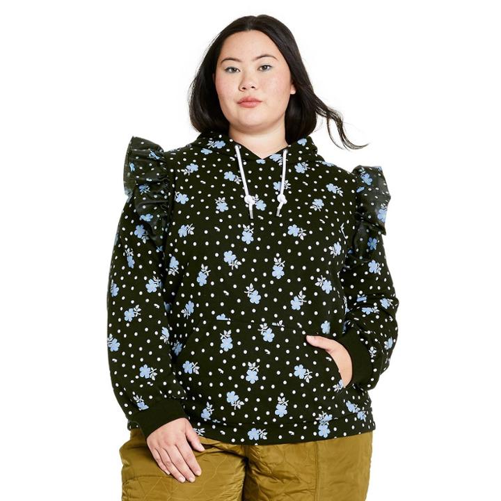 Women's Plus Size Floral Print Ruffle Hooded Sweatshirt - Sandy Liang X Target Black