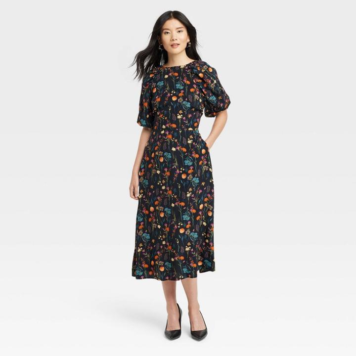 Women's Puff Short Sleeve Dress - A New Day Black Floral