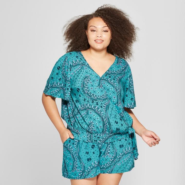 Women's Plus Size Printed Woven Wrap Short Sleeve Top - Ava & Viv Teal