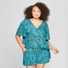 Women's Plus Size Printed Woven Wrap Short Sleeve Top - Ava & Viv Teal