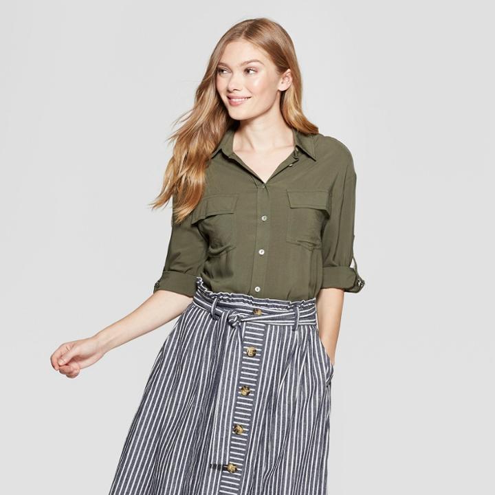 Women's 3/4 Sleeve Utility Top - A New Day Olive (green)