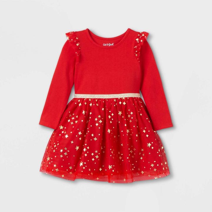 Toddler Girls' Glitter Holiday Long Sleeve Tutu Dress - Cat & Jack Red