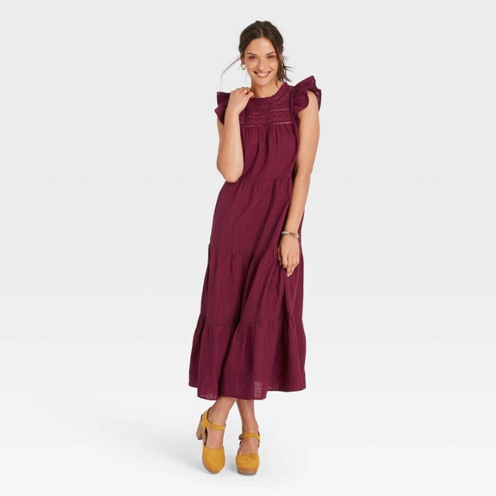 Women's Flutter Short Sleeve Tiered Dress - Universal Thread Burgundy