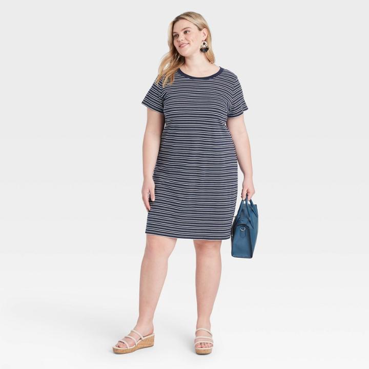 Women's Plus Size Striped Short Sleeve T-shirt Dress - Ava & Viv Navy