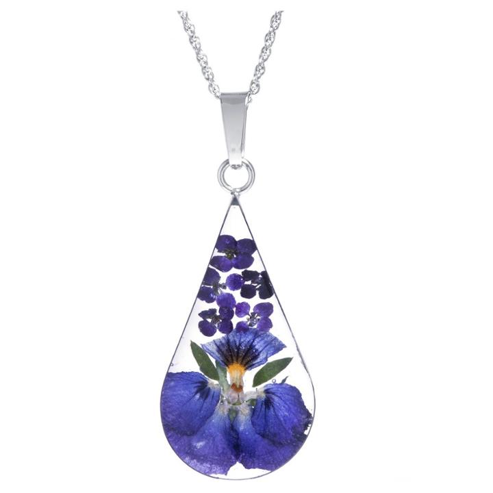 Distributed By Target Women's Sterling Silver Dark Blue Pressed Flowers Teardrop Pendant