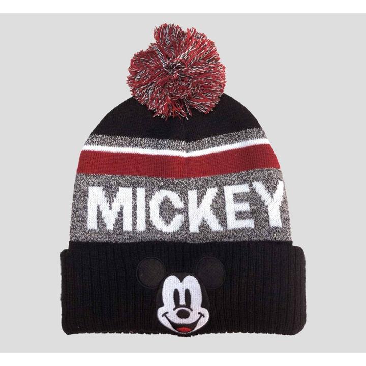 Men's Striped Disney Mickey Mouse Marled Cuff Pom Beanie - Black