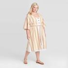 Women's Plus Size Striped Circle Sleeve Kimono - Universal Thread Beige One Size, Women's