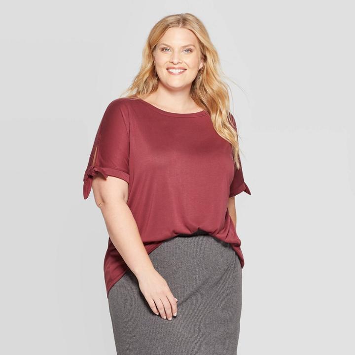 Women's Plus Size Tie Short Sleeve Crewneck T-shirt - Ava & Viv Burgundy X, Women's, Red