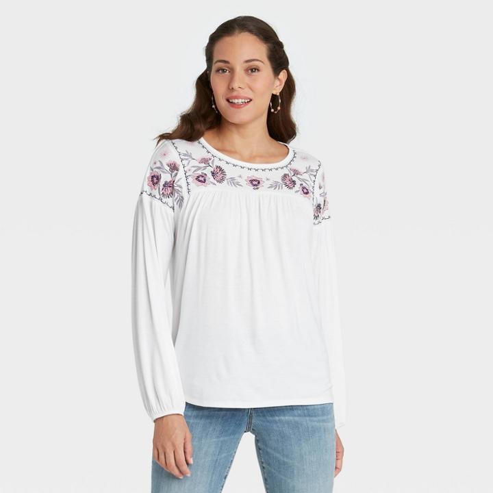 Women's Long Sleeve Embroidered Knit Top - Knox Rose Ivory