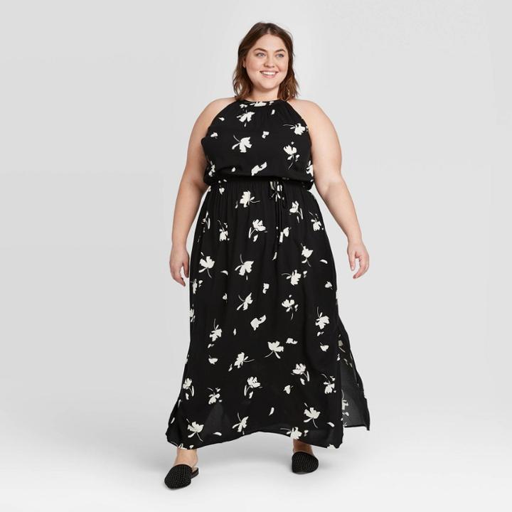 Women's Plus Size Floral Print Sleeveless Smocked Halter Neck Maxi Dress - Ava & Viv Black/white X, Women's