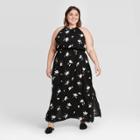 Women's Plus Size Floral Print Sleeveless Smocked Halter Neck Maxi Dress - Ava & Viv Black/white X, Women's