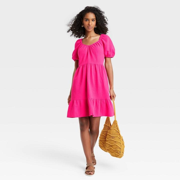 Women's Puff Short Sleeve Tiered Babydoll Dress - Universal Thread Pink