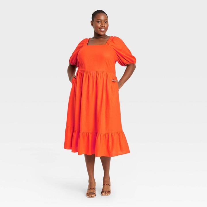 Women's Plus Size Puff Elbow Sleeve Empire Waist Dress- Who What Wear Orange