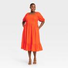 Women's Plus Size Puff Elbow Sleeve Empire Waist Dress- Who What Wear Orange