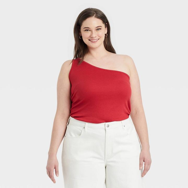 Women's Plus Size Slim Fit One Shoulder Tank Top - A New Day Red