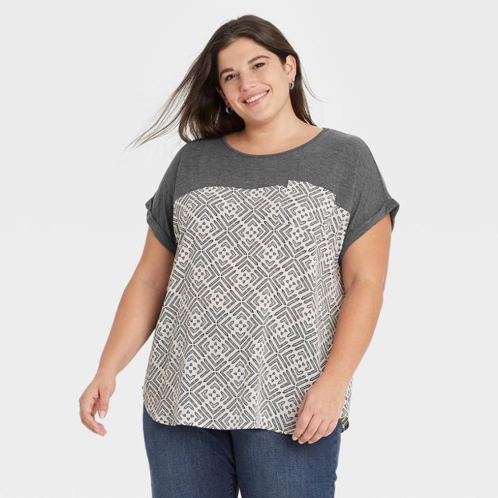 Women's Plus Size Short Sleeve Woven T-shirt - Knox Rose Black/white