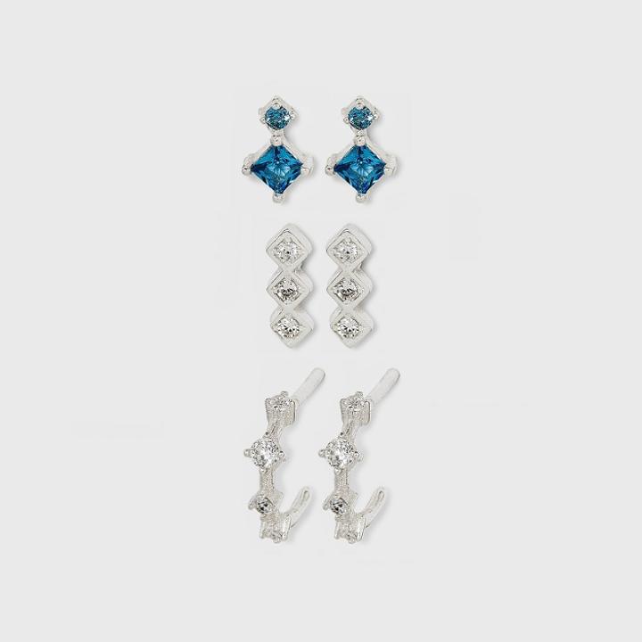 Sterling Silver Triple Cubic Zirconia Stud And Hoop Earring Set 3pc - A New Day