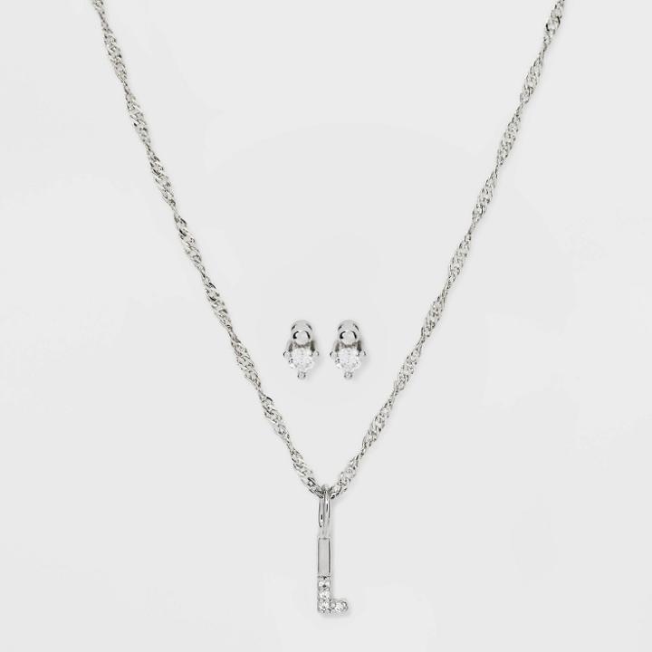 Silver Plated Cubic Zirconia 'l' Initial Earring And Pendant Necklace Set - A New Day