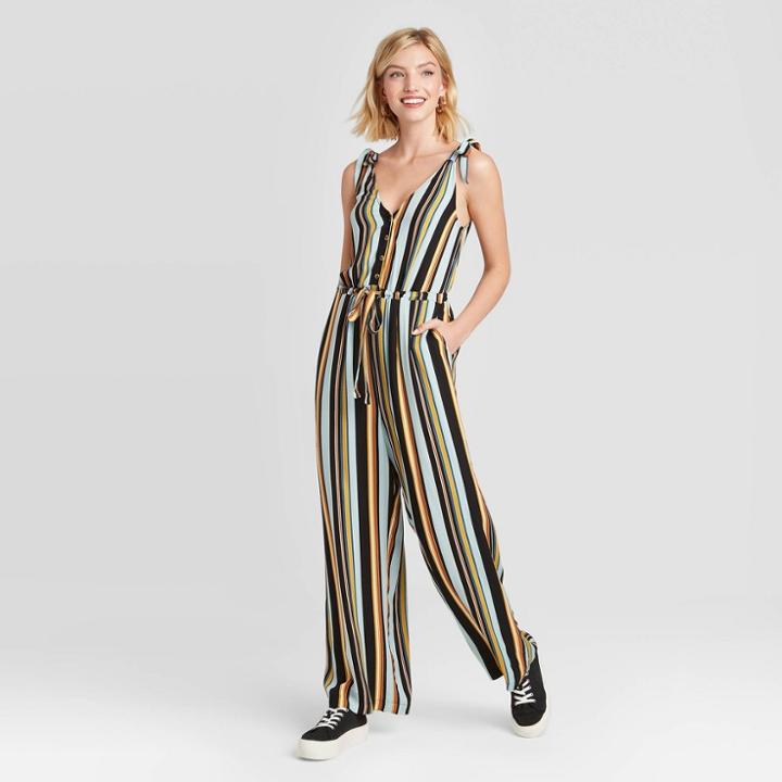 Women's Striped Sleeveless V-neck Button-front Jumpsuit - Xhilaration Xs, Women's,