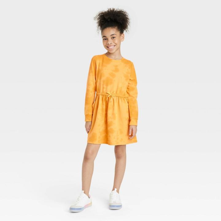 Girls' Long Sleeve French Terry Dress - Cat & Jack Medium Mustard Yellow