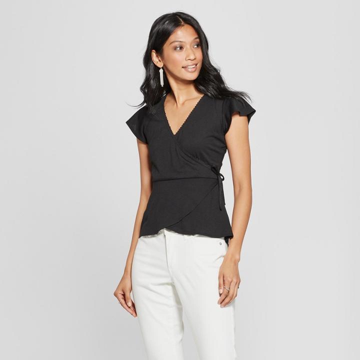 Women's Flutter Short Sleeve Wrap Top - Almost Famous (juniors') Black