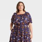 Women's Plus Size Puff Short Sleeve Cropped Blouse - Universal Thread Navy Floral 1x, Blue Floral