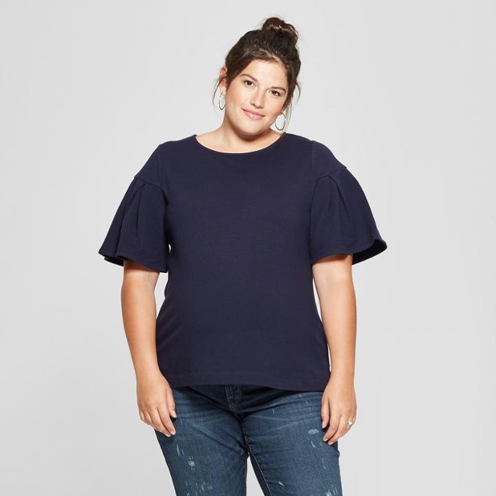 Women's Plus Size Flounce Short Sleeve Embroidered Top - Ava & Viv Navy