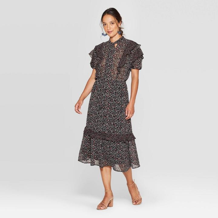 Women's Floral Print V-neck Short Sleeve Tie Front Ruffle Shift Midi Dress - Knox Rose Black
