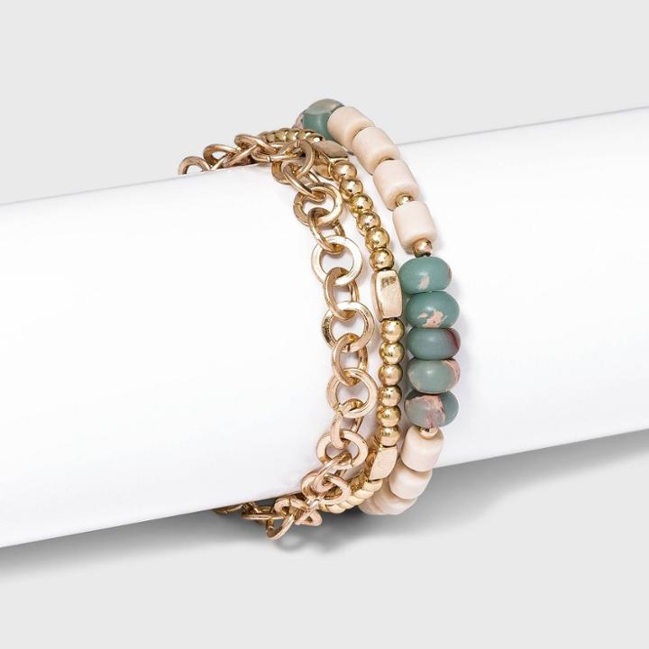 Semi-precious Cream Opal And Jasper Stretch And Adjustable Bracelet Set 3pc - Universal Thread Opal, White