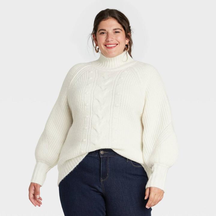 Women's Plus Size Turtleneck Pullover Sweater - Ava & Viv Off-white X