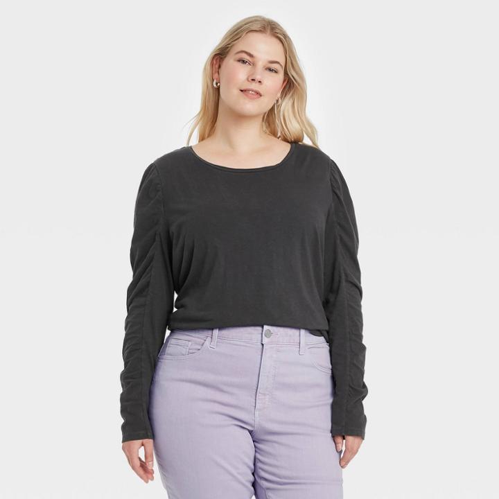 Women's Plus Size Long Sleeve Ruched T-shirt - Universal Thread Charcoal Gray