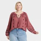 Women's Plus Size Raglan Long Sleeve Embroidered Peasant Top - Knox Rose Pink Ikat Print
