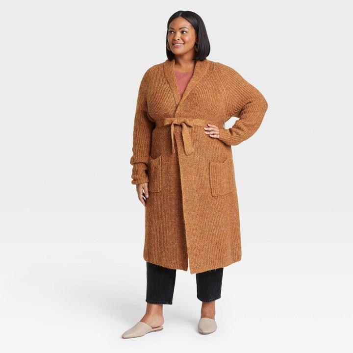 Women's Plus Size Tie-front Duster Cardigan - Ava & Viv Brown X
